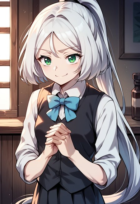 masterpiece, best quality, source_anime, uncensored, score_9, score_8_up, score_7_up, score_6_up, score_5_up, score_4_up, 1girl, solo, ephyr, long hair, ponytail, white hair, green eyes, small breasts, vest, bowtie, collared shirt, black vest, own hands together, indoors, bar background, smile, smug <lora:Ephyr_SwordKing:0.85> <lora:add-detail-xl:0.6> <lora:cfg_scale_boost:0.5>