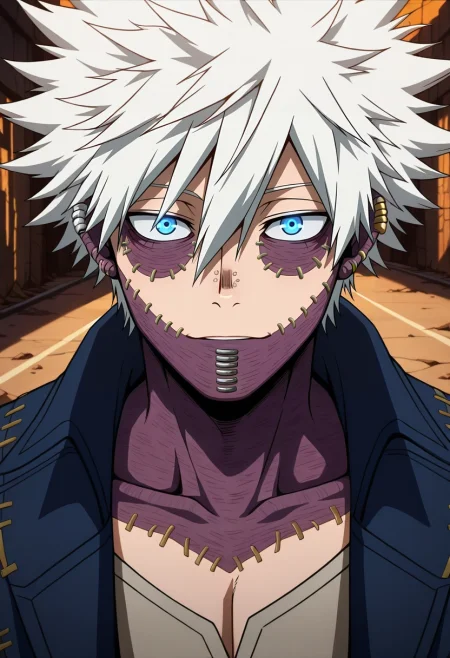 masterpiece, best quality, , anime screencap, , , looking at viewer, 1boy, solo, male focus, <lora:dabi_bnha_ilxl:0.94>, dabi_bnha, white hair, blue eyes, short hair, spiked hair, hair between eyes, messy hair, bangs, scar, burn scar, scar on face, piercing, ear piercing, stitches, , deserted highway, cracked asphalt, fading lines, glowing horizon, walking pose, resolute expression, dusty ambiance,