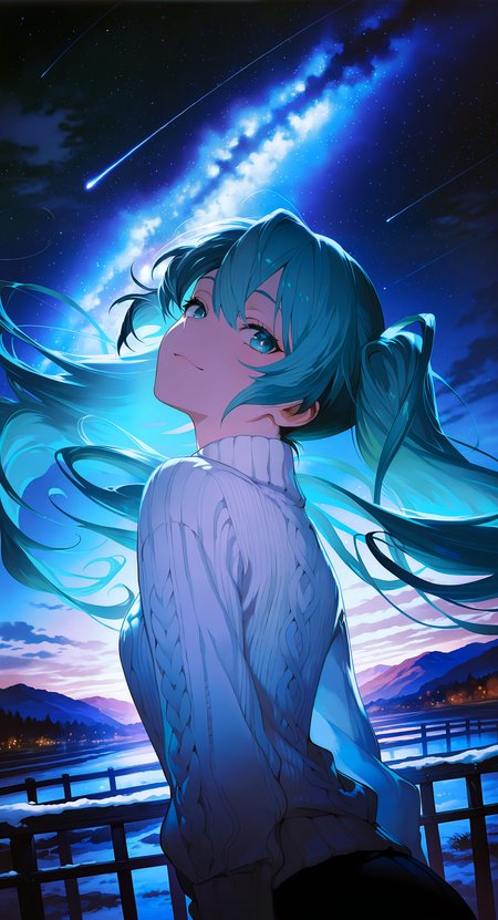 masterpiece, best quality, amazing quality, very aesthetic, absurdres, highres, newest, artwork by (yoneyama mai:0.5) and (Rella:0.8),
1girl, hatsune miku, solo, beautiful detailed face and eyes, Ribbed knit pullover,
break
head tilt pose, Behind the Scenes, playful wink, from behind, over the shoulder, (from below:0.2), (dutch angle:0), close-up, face focus, wind effect, floating long hair, looking away,
break
winter, snow, diamond dust, countryside, highlands, lakes, starry sky, nebulae, Milky Way, shooting stars, intricate background, beautiful scenery,
break
Professional fashion editorial feel, elegance, ethereal, highly detailed, ultra detailed, insanely detailed, fine texture, crisp detail, crisp edges,  cinematic haze for a delicate yet detailed effect, Rembrandt lighting with soft shadows, subtle haze surrounding the model, depth of field, bokeh,
<lora:748cmSDXL:0.5>, <lora:GBF_Illustrious:0.6>, <lora:illustrious_all_rated_v1:0.6>, <lora:ponyv5_noobV065S_1_adamW:0.6>, <lora:MeMaXL4:0.6>,