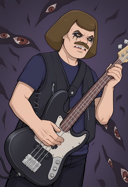 masterpiece, best quality, amazing quality, dutch angle, abstract background, BREAK
1boy, solo, male focus, williammurderface, brown hair, brown eyes, mustache, white makeup, dark eye makeup, gap tooth, black vest, blue shirt, bass guitar, electric guitar, instrument, BREAK
<lora:cfg_scale_boost:.6>   <lora:William_Murderface_-_Metalocalypse_-_ILXL:1>