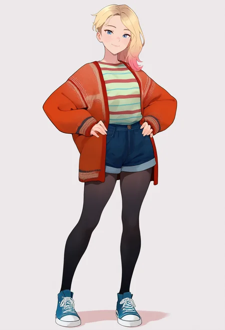 masterpiece, best quality, very aesthetic, absurdres,
1girl, gwenstacy, blonde hair, asymmetrical hair, blue eyes,
cardigan, long sleeves, striped shirt, denim short shorts, pantyhose under shorts, blue sneakers,
hands on hips, standing, full body, smile, looking at viewer, solo, simple background, white background  <lora:GwenStacyNoobXL_byKonan:1>