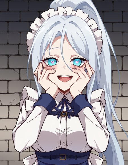score_9, score_8_up, score_7_up, source_anime, <lora:sylpha-langlis-s1-ponyxl-lora-nochekaiser:1>, sylpha langlis, long hair, blue eyes, hair between eyes, ponytail, white hair,, large breasts, apron, maid, maid headdress, maid apron, frills, long sleeves,, prison cell, bars, bed, stone walls, isolation, smile, <lora:yandere-trance-ponyxl-lora-nochekaiser:1>, yandere trance, yandere, hands on own cheeks, hands on own face, crazy eyes, crazy smile, crazy, heart-shaped pupils, glowing eyes, symbol-shaped pupils, hand on own face, open mouth, glowing, blush, looking at viewer,, looking at viewer, solo,, dutch angle, cowboy shot