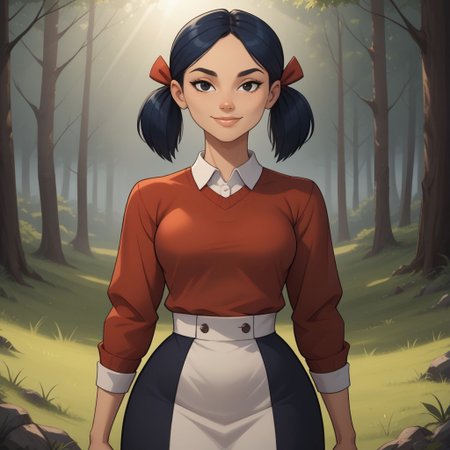 score_9, score_8, BREAK, solo, red sweater, 1girl, white undershirt, black skirt, navy blue hair, black eyes, lips, twintails, breasts, total drama, Kitty_(\Total_Drama\), tdtrr, cute, sexy pose, smile, outdoors, sunlight, shadows, evening lighting, natural lighting, forest, trees, grass, orange sky, sunset