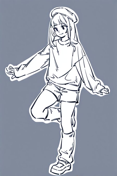 <lora:Sktchst_IL:1> sktchst, 1girl, solo, hat, smile, sleeves past wrists, shorts, monochrome, sweater, shoes, long sleeves, socks, beret, leg warmers, outline, full body, bangs, closed mouth, leg up, long hair, simple background