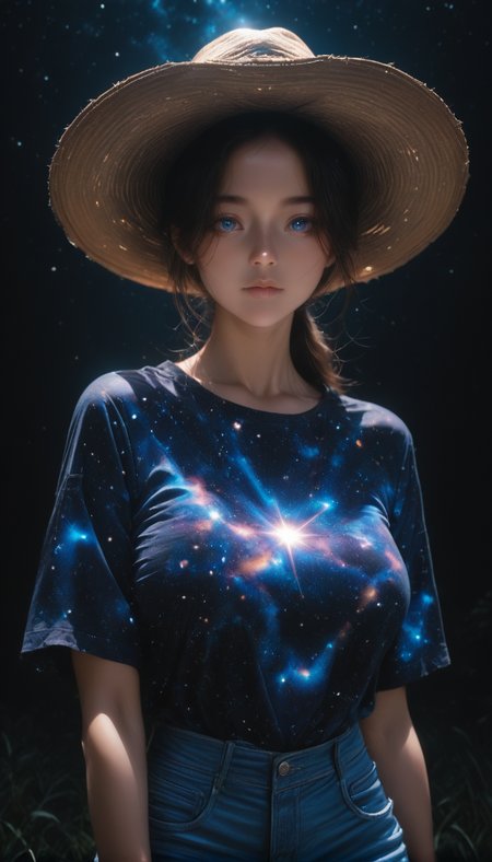 <lora:LCMTurboMix_Euler_A_fix:1> <lora:example_SDXL:0.3>, EZRealPONYXL, <lora:Dramatic Lighting Slider:3> <lora:realistic filter [IL]: 1>
DSLR,realistic,cosplay photo, (very awa,masterpiece,best quality,year 2024,newest,absurdres,highres:1), realistic,skin texture,facial features, photography shot with Canon EOS 5D Mark IV , realistic, RAW, best quality, masterpiece, amazing quality, skin details,
highly detailed beautiful face, large natural breasts,
detailed background, shiny skin, dutch angle, night, moonlight,
beautiful detailed eyes, intricate details, absurdres, anime screencap,
<lora:AddMicroDetails_Illustrious: 0.5> , addmicrodetails,
artist: onono imoko, artist: taesi,
high_quality, highres, detailed, masterpiece, best quality, absurdres, woman wearing Jedcwb, cowboy outfit, wide-brim hat, bandana, jeans,  black background, over-the-shoulder ponytail, bangs,  posing,  diagonal_angle,   <lora:CowgirlIL-000002:1>
 <lora:galaxyXLP:1> (galaxy print shirt : 1.5), (galaxy sky 1.5),