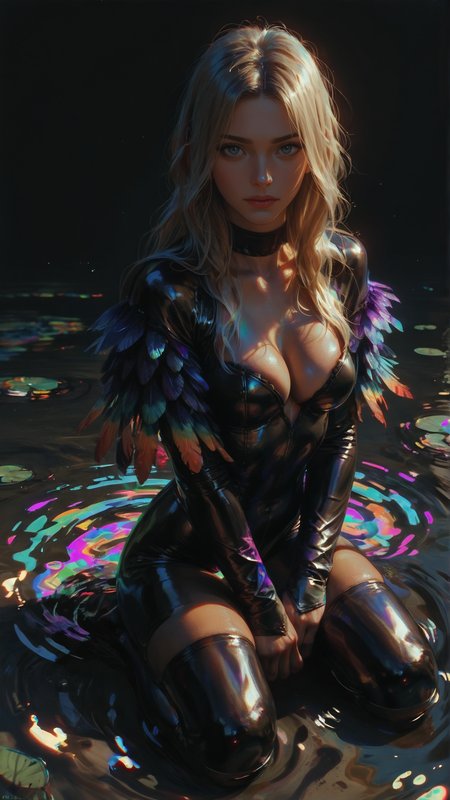 score_9, score_8_up, score_7_up, score_6_up, score_5_up, score_4_up, beauty, face focus, full body view, posing, comic, comic style, comic scene, eye view, front view, 1 women, blonde, long hair, golden eyes, tanned skin, long hair, side parted, 22 years old, black thigh highs, black bodysuit, highwaist, cleavage, raven feather sleeves,bare legs black background, purple neon glow, kneeling in the water, shadows, water, hands, swirls, abstract, ripples, colorful, <lora:swirlsXLP:0.5>, <lora:Ravenfeathersuit:0.8>