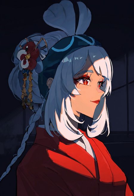 masterpiece, best quality, highres, absurdres, very awa, 1girl, solo, inaaum, white hair, twin braids, long hair, dark-skinned female, geisha, pale skin, makeup, red lips, nihongami, flower, kanzashi, hair ornament, japanese clothes, kimono, red kimono, portrait, indoors, looking ahead, red eyes, blue hairband, dark, shadow, night, lips, eyelashes, light smile, closed mouth