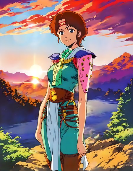 <lora:pony_xl_lin:0.9>,lin,score_9,source_anime,1girl,solo,shoulder armor,shoulder pads,pants,boots,standing,smile,cowboy_shot,looking_at_viewer,lens_flare,nature,plateau,sunset,sky,