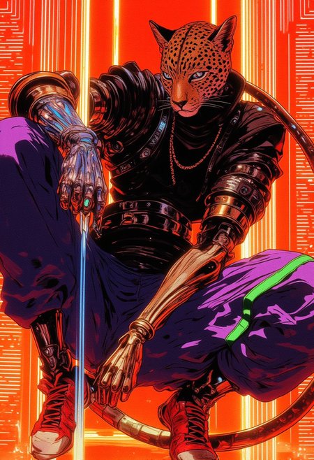 This is a vibrant, high-quality digital drawing of a stylized anthropomorphic leopard character in a dynamic, action-ready pose, HD, 8K quality, ultra-detailed, masterpiece artwork, flawless anatomy. The leopard exudes a fierce, focused expression, its sharp eyes and slightly open mouth hinting at determination. Dressed in a sleek black jacket with refined textures and bold black accents, the chest features a subtle metallic "BALENCIAGA" logo, adding a touch of luxury to its edgy, modern fashion. The trousers are purple, accentuated by a striking lime green vertical stripe running flawlessly from waist to ankle, injecting bold contrast into the ensemble. Completing the streetwear-inspired look are red and white sneakers with black accents, adding a dynamic and contemporary flair. Its left hand is a futuristic, mechanical prosthetic of gleaming metal, detailed with glowing blue circuits and intricate gears, perfectly complementing the character’s anthropomorphic form. The leopard’s spotted tail curves gracefully, adding fluidity to the powerful pose. The background is an intense orange, brought to life by angular, indefinite-shaped patterns crafted entirely from radiant neon dots and lines, evoking a retro-futuristic aesthetic. This masterful composition seamlessly combines vibrant colors, dramatic contrasts, and intricate details for a bold, visually captivating artwork.