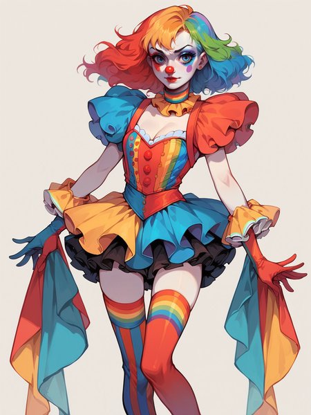 score_9, score_8_up, score_7_up, score_6_up,  1girl, <lora:c1rcus2XLP:0.6> c1rcus, clown, multicolored hair, thighhighs, gloves, makeup, striped