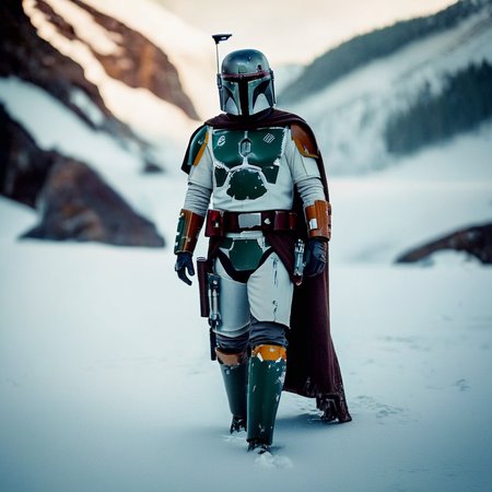 cinematic film still of  <lora:Mandalorian style:1.2>
in star wars universe a man dressed in a boba fett costume standing in the snow Mandalorian style, shallow depth of field, vignette, highly detailed, high budget, bokeh, cinemascope, moody, epic, gorgeous, film grain, grainy