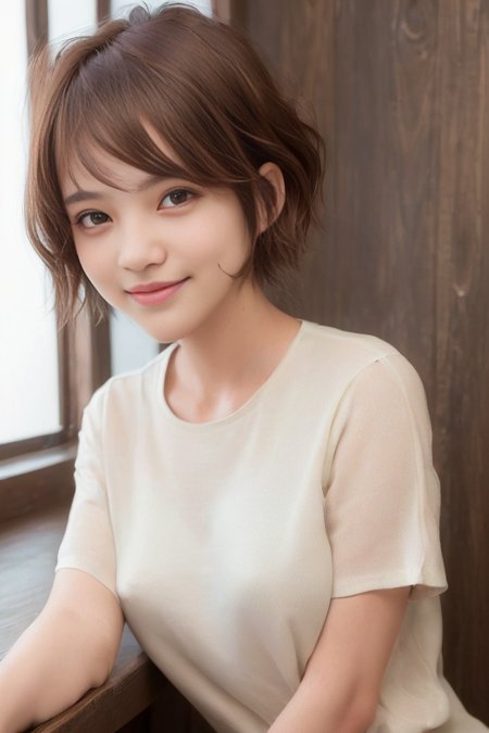 (1girl), (best quality), (masterpiece), (high resolution), (intricate details), (photorealistic), (cinematic light),  <lora:short_hair:0.3>
solo, realistic, short hair, brown hair, looking at viewer, smile, shirt, brown eyes, piercing, upper body, teeth, white shirt