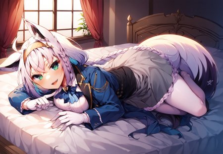 safe_pos, safe_pos, safe_pos, safe_pos, safe_pos, safe_pos, score_9, score_8_up, score_7_up, score_6_up, masterpiece, source_anime, high quality, perfect face, detailed eyes, perfecteyes, perfect balance, detailed face, perfect lighting, detailed background, uncensored, newest, absurdres, highres, very aesthetic, indoor, bedroom, bed, big bed, luxury bed, windows, night, 
uncensored, 
fubuki, white hair, single side braid, ahoge, piercing, fox tail,
fubuki_elegant, braided ponytail, blue coat, blue ascot, corset, collared shirt, grey skirt, frilled skirt, white pantyhose, white gloves, hairband, white hair, piercing, fox tail,
 1girl, solo, open mouth, smile, large breasts, pleasured, full body, long legs, larger female, tall female, looking at viewer, long calves, long legs, thin thighs, tall_girl,long_legs,  lying on bed, half closed eyes, naughty face, multicolored hair, from above, fangs