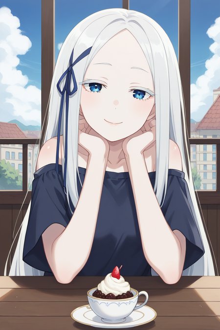 score_9, score_8_up, score_7_up, source_anime, 1girl, prefect lighting, very aesthetic, intricate details, highly detailed background, masterpiece, high quality, prefect hands, best quality, solo,
<lora:Pandora_ReZero_V1:.75>, KJOpandora, white hair, blue eyes, parted bangs, Long eyelashes, very long hair, hair ribbon, half-closed eyes, pale skin, 
black oversized t-shirt, off shoulders, bare shoulders,
<lora:PONYXL_CONCEPT_PovDating_ownwaifu:1>, CONCEPT_PovDating_ownwaifu, 1girl, cup, smile, window, looking at viewer, indoors, pov across table, cafe, spoon, sitting, teacup, parfait, food, ice cream, upper body, chair, saucer, pov dating, head tilt, head rest,
patio, outside, restaurant, wood table, railing, stone street, buildings, sunny day, cloudy sky,
(Beautiful, small Breasts:1.2), natural breasts,