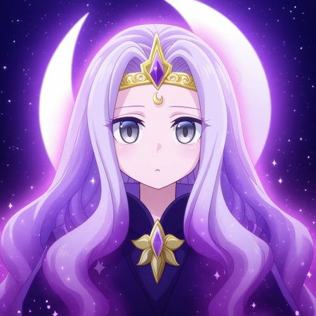 mana_sk style, portrait, focus on face, a mystical celestial mage girl with flowing lavender hair shimmering like stardust, deep silver eyes sparkling like galaxies, wearing a crescent-moon tiara and a robe adorned with constellations, her face illuminated by a soft cosmic glow, faint stars twinkling in the dark background, Japanese RPG style, ethereal and awe-inspiring atmosphere, intricate details on her tiara and robe