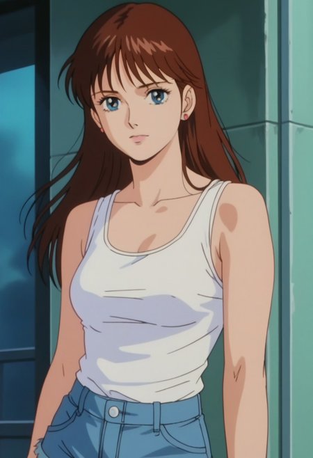 score_9, score_8_up, score_7_up, realistic, fine anime screencap_xl, anime screencap, miakoji, ronin warriors, solo, 1girl, retro, brown hair, 1980s (style), bangs, long hair, blue eyes, portrait, makeup, leggings, tank top, tiny shorts