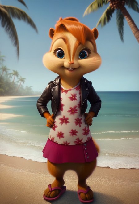 score_9, score_8_up, score_7, score_6, detailed background, beach, palm trees, ocean, brittany miller, chipmunk, furry, short ears, white floral shirt, black leather jacket, floral mini skirt, sandals, standing, hands on hips, looking at viewer, front view, cute smile, 6 inches tall
