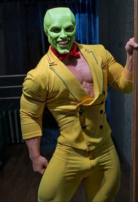 Extremely muscular strong handsome young grinning lustful man with a green head wearing yellow suit looking at himself in through a mirror in his flat at night, big bulge, large biceps, wide shoulders, muscular legs, the_mask