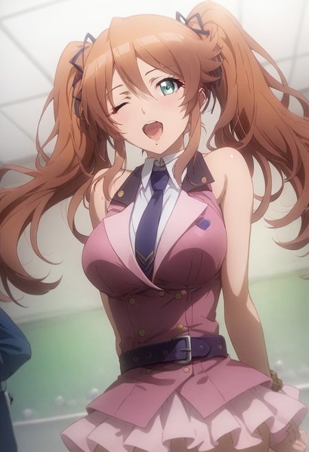 score_9,score_8_up,score_7_up, Expressiveh ,perfecteyes, source anime, beautiful eyes, shiny skin, perfect composition,  
aya_sugihara, 1girl, twintails, long hair, brown hair, green eyes, blue eyes, breasts,
necktie, sleeveless, pink waistcoat, white collared_shirt, ribbon,
skirt, thighhighs, belt, bound wrists, zettai ryouiki, idol,
Dancing, on stage, idol pose, cowboy shot, dutch angle, upper body, wink,  open mouth, v ,