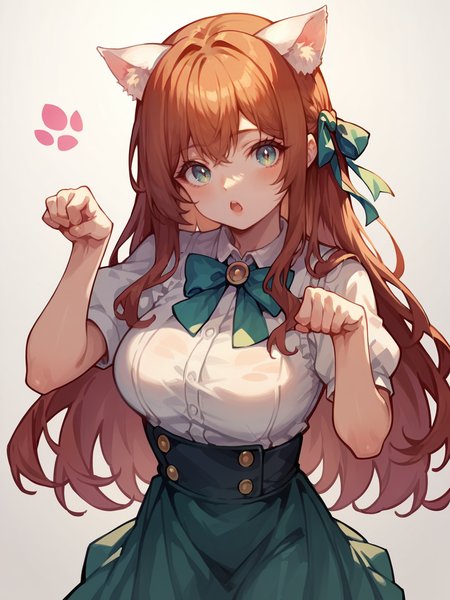score_9, score_8_up, score_7_up, score_6_up,  <lora:p4wp0s3XLP:1> p4wp0s3, paw pose, 1girl, cat ears, long long hair,  large breasts,