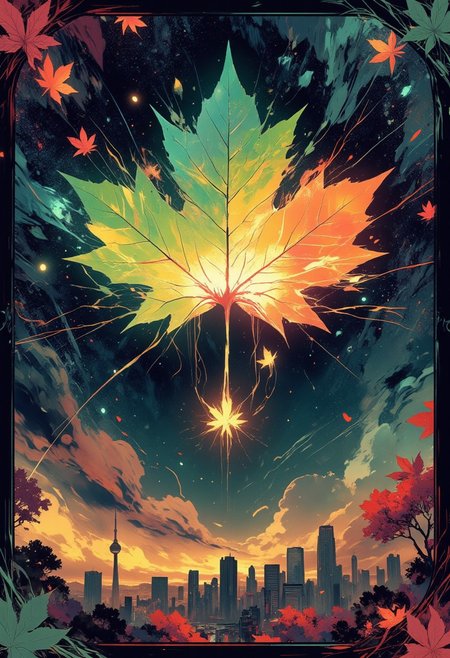 Mh1$AgThS2
A colossal maple leaf floats in low Earth orbit, its veins pulsing with liquid starlight harvested from neutron stars. The leaf's surface shifts between seasons every 5 seconds—spring's neon green, summer's solar gold, autumn's supernova red. Below, Toronto's CN Tower shoots a beam of quantum energy into its stem, feeding data to a galaxy-wide Canadian consciousness. Space elevators made of transparent graphene connect the leaf to cities below, their cables humming with maple-syrup-infused superconductors.
The entire composition glows against the cosmic backdrop of the Carina Nebula, its colors amplified by quantum filters.
Thin border of DNA-shaped maple seeds on a dark border background.