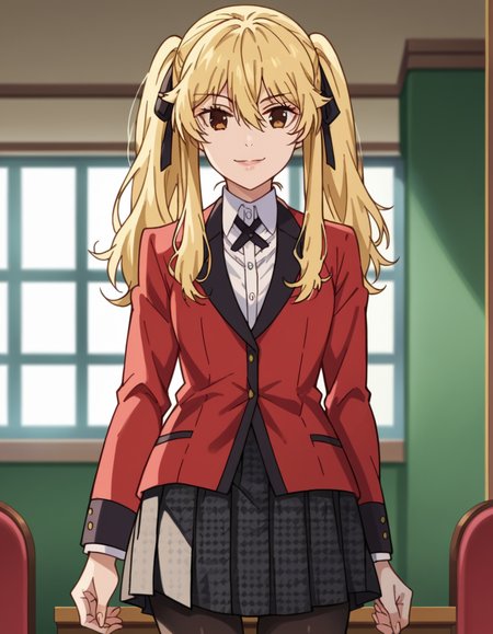 score_9, score_8_up, score_7_up, source_anime, <lora:mary-saotome-s2-ponyxl-lora-nochekaiser:1>, mary saotome, long hair, blonde hair, hair between eyes, twintails, brown eyes, hair ribbon,, skirt, shirt, school uniform, jacket, white shirt, pantyhose, pleated skirt, collared shirt, black pantyhose, blazer, red jacket,, indoors, smile, looking at viewer, solo,, cowboy shot, dutch angle