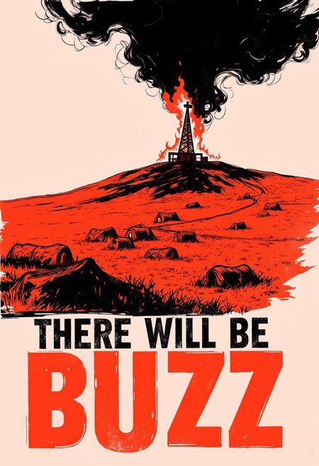 inksketch movie poster in red and black, for the film ‘There Will Be BUZZ’. An image of an oil derrick on fire circa 1911, on the crest of a hill, the way the light hits the flaming derrick gives it a crucifix-like appearance, a scattering of ramshackle tents along the field under the hill, canyon, thick black smoke billowing into the sky. Along the bottom of the image in the font from the original film display the text: “There Will Be Buzz”