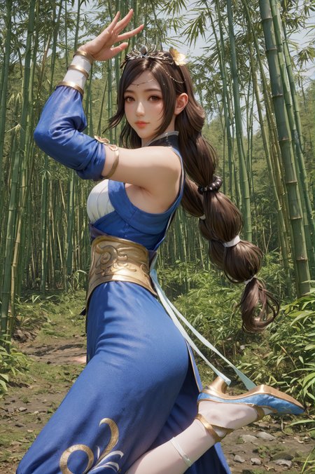 score_9, score_8_up, score_7_up, 1girl, solo, looking at viewer, cowboy shot, Balancing on one foot, mimicking a cute pose from ballet, <lora:Cai_Wenji_Dynasty_Warriors:0.8> long hair, brown hair, brown eyes, jewelry, hair ornament, tiara, dress, detached sleeves, nature, bamboo