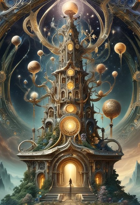 an intricate tower, biomorphic mythical serpent wrapped around tower, (negative space, layer, sigils). orbs and moons, holographic astral keys, tetrahedral trees, (three planes),  stack, flower tiles, OverallDetail, DonMX3n0T3chXL