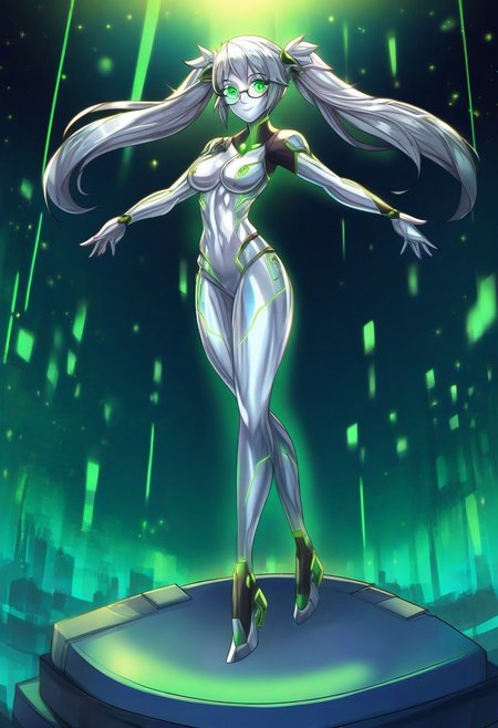 score_9, score_8_up, score_7_up, score_6_up, score_5_up, score_4_up, 2D, ibenz,
BREAK
1girl, liquid mercury, solo, ((((at full height)))), 
silver body, medium hair, silver hair, twintails, green lines, green eyes, glowing eyes, round eyeglasses, 
slender, lean, medium breasts, toned legs,
focused, smiling, calm,
cyberspace, black background, green energy lines, green code, detailed background,