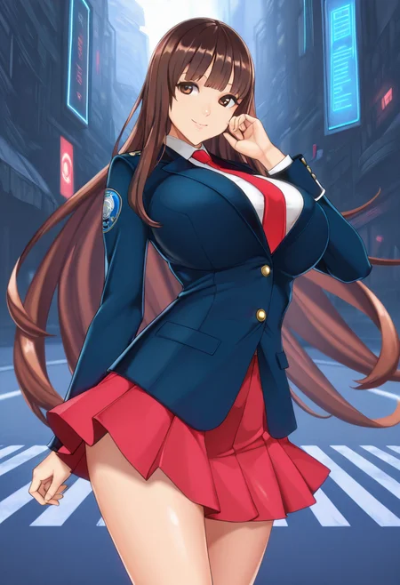 masterpiece, best quality, ultra detailed, solo, 1girl, long hair, brown hair, brown eyes, smile, n.n, extremely long hair, bangs, large breasts, uniform, blue blazer, red necktie, white shirt, hand up, red pleated skirt, cowboy shot, futuristic street, k4m1ch1ch1,   <lora:KAMICHICHI_Style_IL:1>