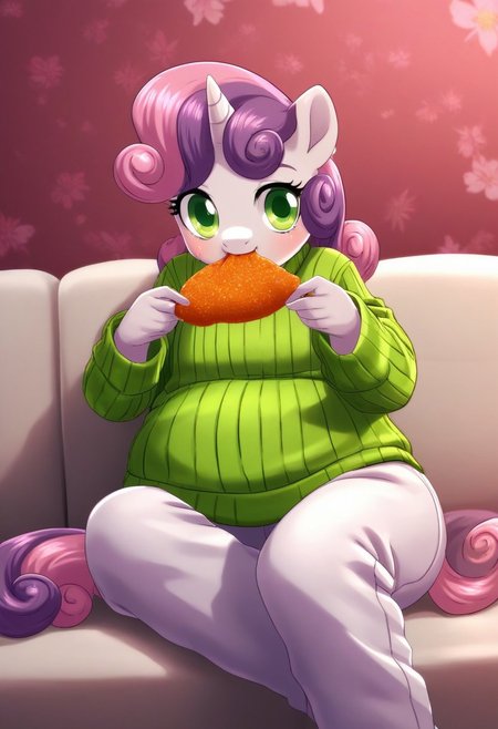 ,score_9, score_8_up, score_7_up, score_6_up, score_5_up, score_4_up, rating_explicit, source_furry, female, cute anthro female, cute face, detailed background, looking at viewer, solo, solo focus, (digital pen line-art, soft lines, soft shading, pinup, cartoon, (anime:1.2), p5style, cel shaded, Sweetie_Belle_(mlp), sitting on the couch, eating junk food, sweater, sweatpants, obese