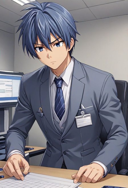 high resolution, solo, best quality, 1Boy, Tomoya Okazaki, Grey Blue Hair, suit, worklife, workspace, OverallDetail