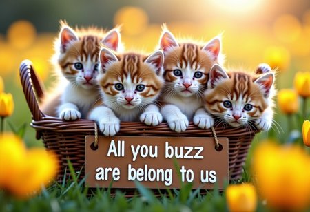 A cute fluffy bundle of kittens in a basket. In the middle of a field of flowers. All the kitties are looking at the viewer with pleading adorable eyes. (A sign hangs on the front of the basket that says "All you buzz are belong to us")
