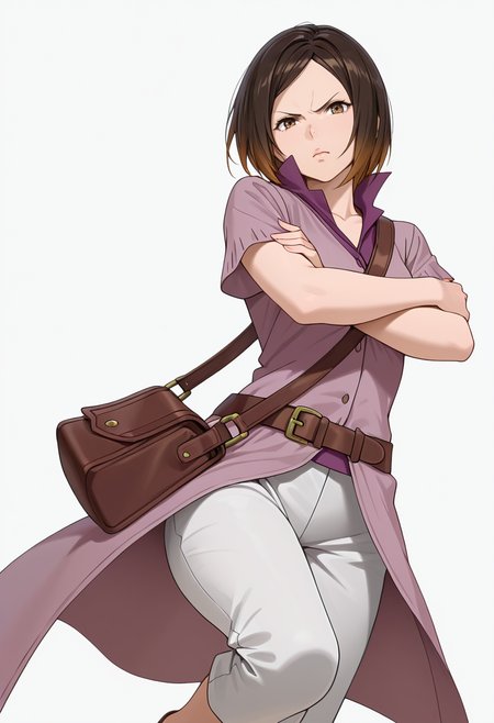 Smooth Quality,masterpiece,very intricate, high quality details, ultra realistic, high detailed skin,detailed enviorement,absurdres,
simple background, white background,solo,
dynamic pose, arms crossed, one leg bent, confident stance, slight head tilt, relaxed hands,  ,dynamic angle,scowl,
 <lora:Kirara_Mizutani_cnn:0.8> 1girl, short hair, brown hair, multicolored hair, two-tone hair, brown eyes, at viewer, upper body,shirt, short sleeves, collared shirt, coat, pants, purple shirt,brown belt, shoulder bag,
