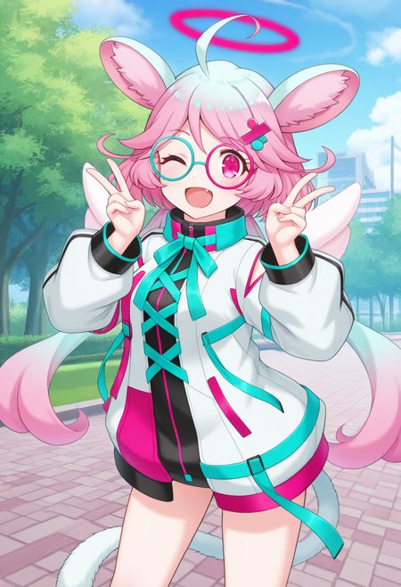 1girl,solo,<lora:gyaraco:0.9>,gyaraco_(show_by_rock!!),halo,pink eyes,glasses,ahoge,multicolored hair,low twintails,blue hair,pink hair,gradient hair,animal ears,tail,hair ornament,wings,fang,ribbon,bow,jacket,long sleeves,puffy long sleeves,looking_at_viewer,cowboy_shot,smile,wink,v,double_v,open mouth,day,park,masterpiece,best quality,good quality,newest,incredibly absurdres,legs_apart,