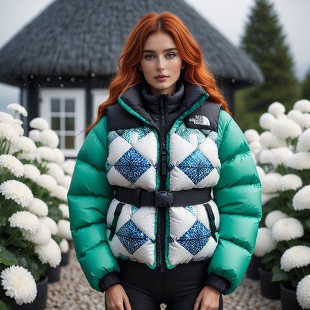 dark cinematic still with dark vibes, full body shot of life jacket  nordic professional women  wearing an Mosaic designs   extra_puffy_jacket tnf_nuptse,  unique hair styles,   looking at the camera, shallow depth of field, 8k uhd, dslr,  high quality, photorealistic, realism, hyperrealism,
, garden scene 
 <lora:Puffer_Jacket_and_Down_Jacket_-_Extra_Puffy_Jackets:0.6>,   <lora:pufferdown_tnf_nuptse:0.4>