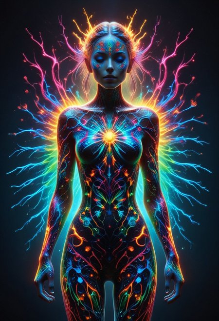 a full body fire entity whit multicolored flames, professional photography of an fantastical warrior fairy princess entirely made of cyberflies with whimsical elements, swirling magic, eerie fairytale landscape, elaborate fantasy style art, very colorful, intricate details, ultra sharp, exquisite detail, flawless composition, vivid colors, masterpiece, exciting background, TAS, TASvisuals, Psychedelic , Rave, Elaborate , Blacklight , Vibrant , cyberflies, black light paint, blp, Colorful Chaos Cracks and Drops, mad-glowtiedye, made out of,colorful,liquid,Murano Art Glass