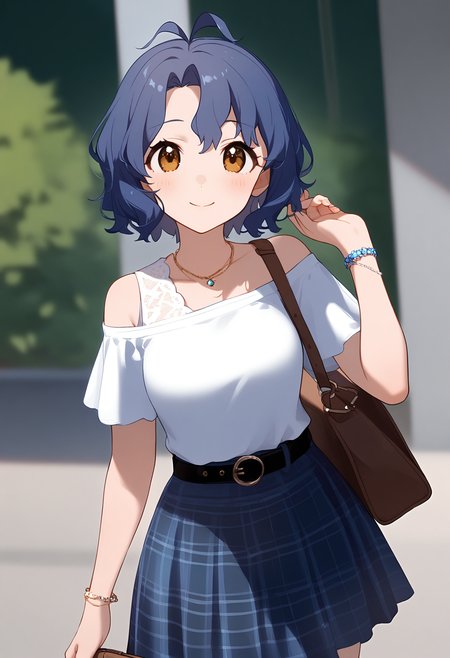 1girl,
toyokawa fuka,


blush, off-shoulder shirt, headphones, light blush, bare shoulders, holding, blue skirt, short hair, alternate costume, casual, necklace, jewelry, off shoulder, plaid, blue hair, hair between eyes, short sleeves, antenna hair, hand up, looking at viewer, yellow eyes, smile, black belt, bag, solo, brown bag, white shirt, closed mouth, plaid skirt, belt, skirt, bracelet, shirt, wavy hair, holding bag,

sfw
<lora:a31_char_new_toyokawa_fuka:1> <lora:a31_style_koni-000010:0.8>