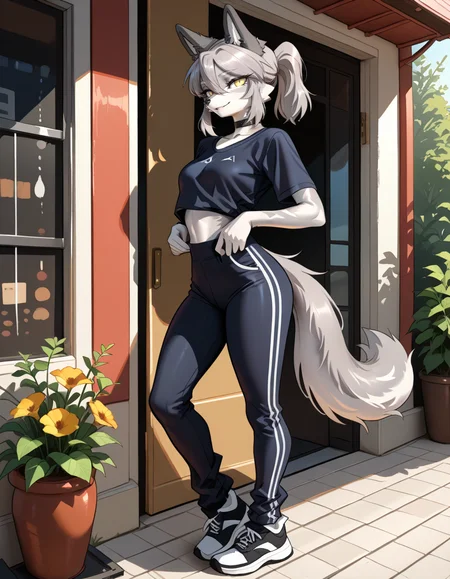 masterpiece, best quality, very aesthetic, absurdres,
outdoors, 
full body,  standing, posing,
casual, 
seductive smile, parted lips, long eyelashes,
<lora:Seraya_v01_NAIXL:1>
S3ray4,1girl,solo,furry,furry female,wolf girl,wolf ears,short hair,grey hair,ponytail,hair between eyes,long sidelocks,yellow eyes,snout,animal nose,choker,body fur,two-tone fur,grey fur,white fur,wolf tail,