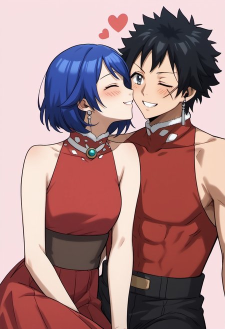 score_9, score_8_up, score_7_up, source_anime, rating_safe, kissing cheeck, MestFT, Mest scar, grey Mest earrings, black Mesto hair, 1boy, male focus, red-white Mest shirt, closed eyes, smile, teeth, cropped feet, sitting, [1girl-wendy_marvell, blue hair, dress, blushing, closed eyes], couple focus, simple pink background, cute wallpaper, red hearts,