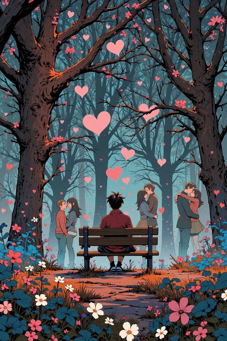 A poignant moment in a somber, Valentine's Day-themed film unfolds as an isolated man sits alone on a park bench. He is surrounded by joyful scenes of couples cuddling together nearby, their laughter and affection creating a stark contrast to his solitude. The scene employs creative camera angles and moody lighting, casting long shadows across the landscape while highlighting the emotional turmoil experienced by our protagonist. In this moment, he is lost in thought, contemplating the happiness of others as he grapples with feelings of loneliness and sorrow. Despite his isolation, however, there's an undeniable sense of hopefulness present in the scene - a reminder that even on days like Valentine's Day, it's possible to find joy and connection through shared experiences and meaningful moments spent alone in thought.