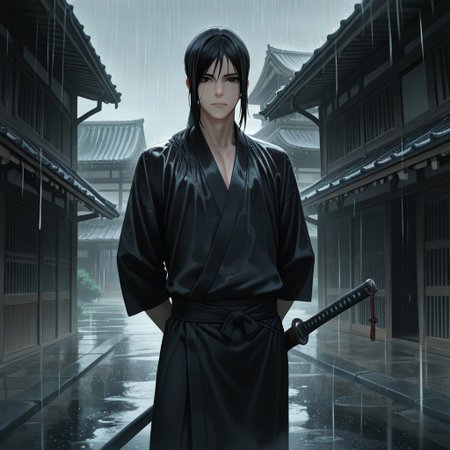 masterpiece, best quality, amazing quality, absurdres, newest, detailed background, definition so sharp, Ultra-HD, 8K cinematic, very awa, impressionate, amazing quality, highres, 
solo, male focus, manly, 
kurohyatogami, kuroh_black hair, kuroh_black eyes, 1boy, low tied hair, long hair, 
standing, hands behind back, calm posture, cool gaze, black kimono, sword on hip, rain, traditional building, serene, powerful, protective, cool, warm presence