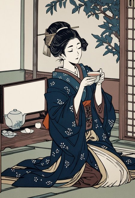 masterpiece,best quality,intricate details,KHsty-XL,woodcuts art,retired geigi,screen,tea ceremony,tea pot,kneeling,hands holding tea cup, drinking tea,sashiko,plum,