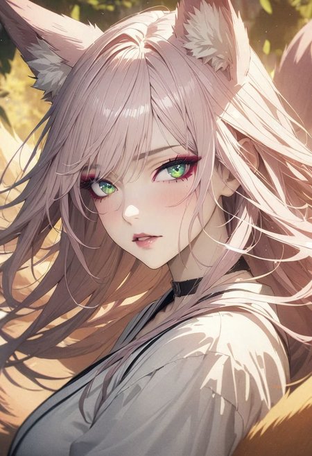 1woman, solo,  long hair, pink hair, black choker, green eyes, eyeliner, gorgeous lips, cinematic, (masterpiece), (best quality), (ultra-detailed), very aesthetic, illustration, perfect composition, intricate details, absurdres, detailed face, (anime, masterpiece, intricate:1.3), (best quality, hires textures, high detail:1.2), (4k),(incredibly detailed:1.4) 
detailed skin, eyeshadow, fox tail, fox ears, no bra,  pale skin, white kimono, beautiful eyes, detailed eyes, sparkling eye