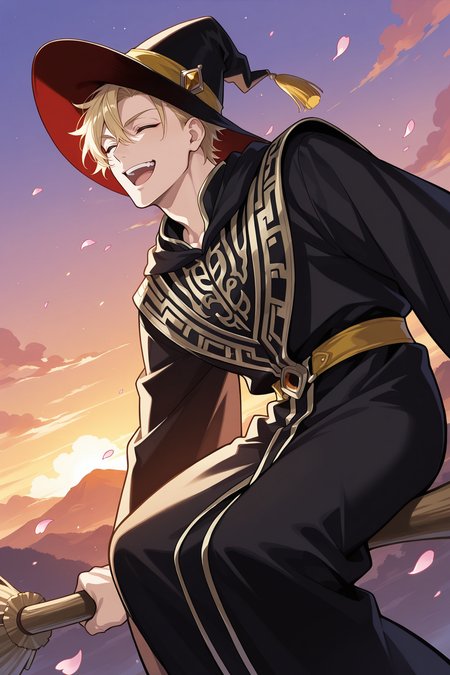 masterpiece, best quality, good quality, newest, highres, incredibly_absurdres, bright colors, perfect quality, absolutely eye-catching, detailed background, detailed face, detailed eyes, dramatic angle, Storytelling visuals, 1man, male focus, solo, bishounen, tsurime, (((manly))), gay, yaoi, guy, 1boy, black robe, blonde hair, broom, broom riding, closed eyes, cloud, hat, long sleeves, male focus, open mouth, outdoors, outstretched arms, petals, robe, sidesaddle, sky, smile, solo, spread arms, sunset, tassel, teeth, upper teeth only, witch, witch hat, S-shaped composition, Red and Yellow, dynamic pose, dnd aesthetic, DRTwstd <lora:Daars_style_-_Twisted_Wonderland:1>
