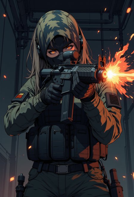 <lora:ck-nc-luminal-genesis:1>, A digital anime artwork in the style of cklg, A stunning beautiful girl wearing seen from a low angle perspective, she is wearing a camouflage pattern balaclava face mask, she is a natural midwest beauty wearing fully kit military gear, magazine pouches, a plate carrier bullet proof vest, tactical shooter. she is aiming a AR15 assault rifle at the viewer, trigger, firing. villain, scavanger, standing in a dark dimly lit room, bullets flying. combat,  <lora:test2:0.4> <lora:Anime v1.3:0.2>
<lora:s1n0z1ck-flux-test-lora:0.3>
<lora:RetroAnimeFluxV1:0.1>
