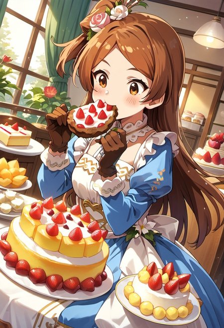 score_9, score_8_up, score_7_up, source_anime,ogami tamaki, long hair, brown hair, brown eyes, 1girl, gloves, food, one side up, eating, cake, blush, solo, dress, hair ornament, flower