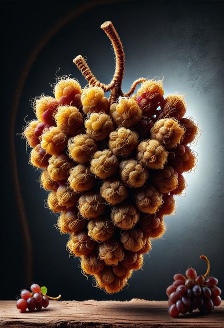 best quality, masterpiece, high resolution, intricate details, very detailed, 
A photorealistic image of a majestic pamcocomat grapes, 
intricate details, dramatic composition, tension, contrast, texture, realism, high quality, stunning art, film grain, volumetric lighting, detailed, intricate, cinematic, soft natural light,
exhibition background,