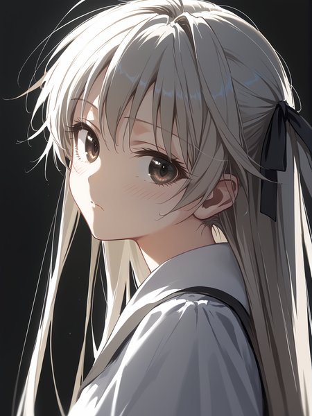 (score_9, score_8_up, score_7_up:1.1), 1girl, closeup face, portrait, kasugano sora, white dress, long hair, straight hair, white hair ribbon, brown eyes, white hair, beige hair, black eyes, plain black background, (shaft head tilt:0.9) <lora:sora-kasugano-s1-ponyxl-lora-nochekaiser:0.3> <lora:yosuga_A3_XL_V1_0:0.5> <lora:shaft_head_tilt-PD-1.0-all:0.9>